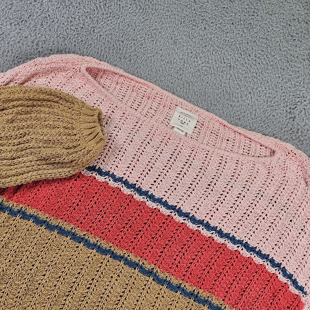 Billabong Sweater Womens XL Pink‎ Tan Striped Open Knit Cropped Balloon Sleeve